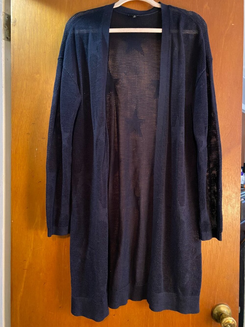 Talbots Women's Medium Blue Open Cardigan Navy Blue  Star Pattern 100% Cotton